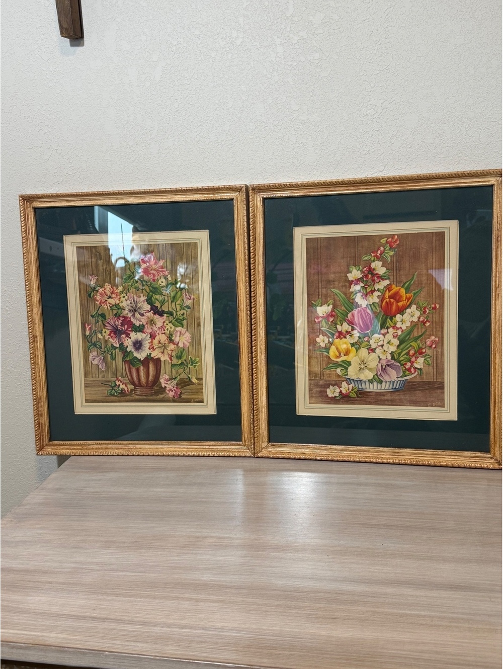 Pair of Vintage Floral E Wallis Prints in Mtaching Frames